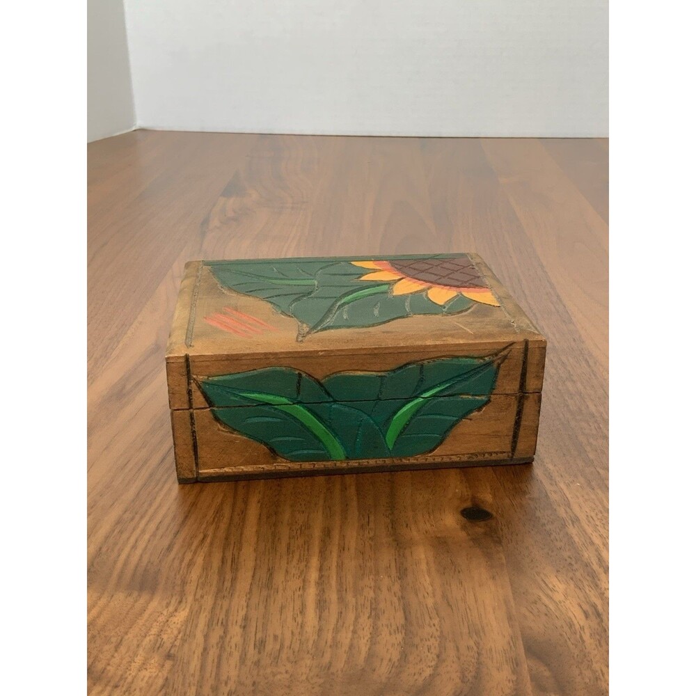 Vintage Hand Carved Wooden Trinket Box Sunflower Painted Folk Art Jewelry Case